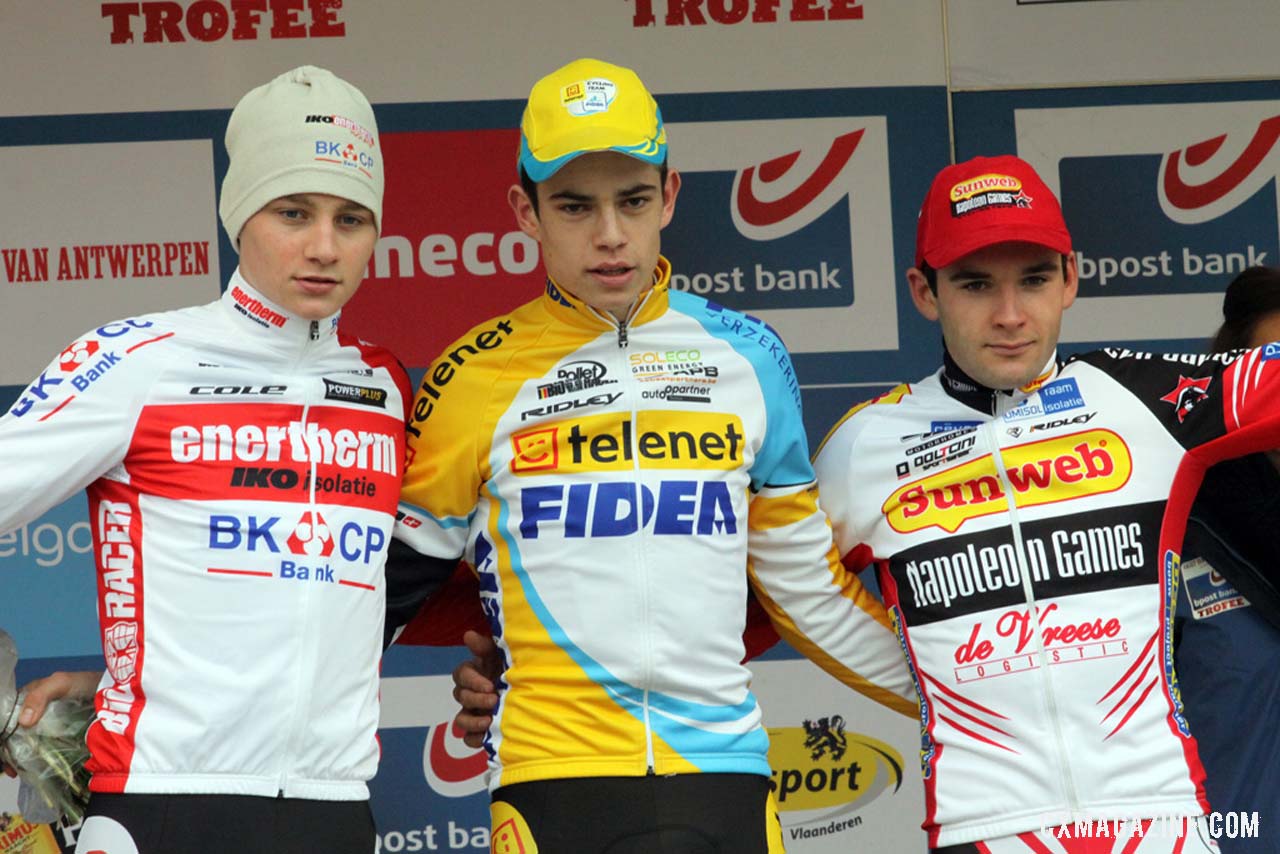 The U23 Men's podium at GP Hasselt (L-R): Mathieu van der Poel, 2nd; Wout Van Aert, 1st; Gianni Vermeersch, 3rd. Â©Â Bart Hazen / Cyclocross Magazine