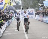 Sven Nys (Crelan-KDL) taking the three-way sprint over Niels Albert (BKCP Powerplus) and Klaas Vantornout (Sunweb-Napoleon Games). Â© Bart Hazen / Cyclocross Magazine