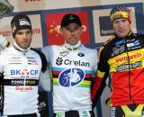 The Elite Men's podium (L-R): Niels Albert (BKCP-Powerplus), 2nd; Sven Nys (Crelan-KDL), 1st; Klaas Vantornout (Sunweb-Napoleon Games), 3rd. Â© Bart Hazen / Cyclocross Magazine