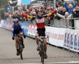 Sanne Cant takes the sprint finish over Helen Wyman at the 2013 GP Hasselt. Â© Bart Hazen / Cyclocross Magazine