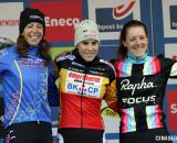 The Elite Women's podium from (L-R): Helen Wyman (Kona Factory Team), 2nd; Sanne Cant ((Enertherm-BKCP), 1st; Gabby Durrin (Rapha-Focus), 3rd. Â© Bart Hazen / Cyclocross Magazine