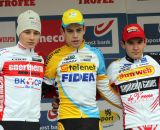 The U23 Men's podium at GP Hasselt (L-R): Mathieu van der Poel, 2nd; Wout Van Aert, 1st; Gianni Vermeersch, 3rd. Â©Â Bart Hazen / Cyclocross Magazine