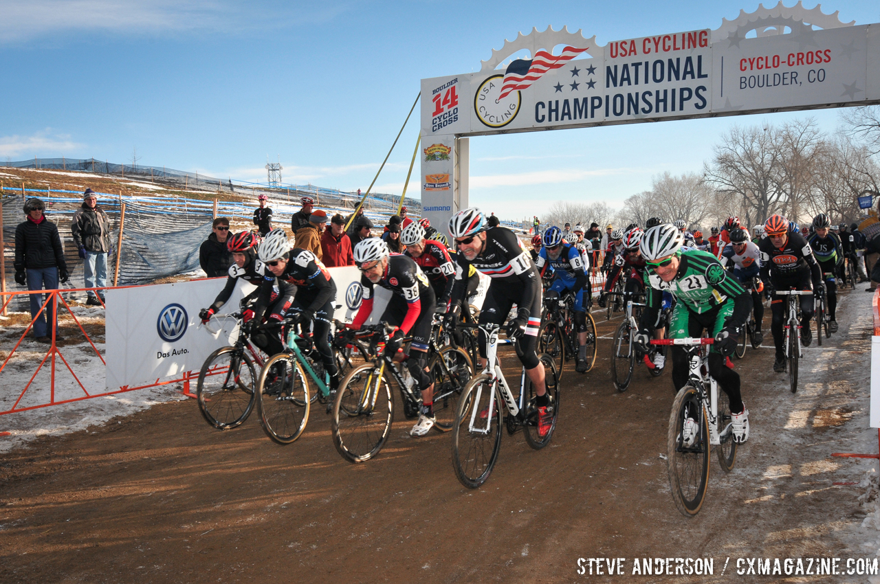 Intense start in the Men\'s 60-64, 65-69, 70+ Nationals races in Boulder, Colorado. © Steve Anderson