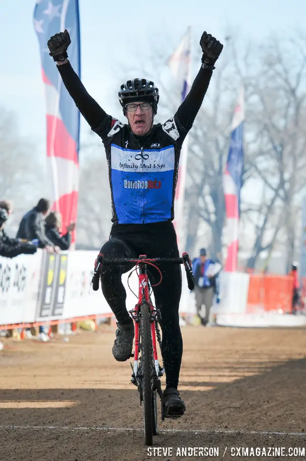 Gregg taking the win in the Men\'s 60-64, 65-69, 70+ Nationals races in Boulder, Colorado. © Steve Anderson