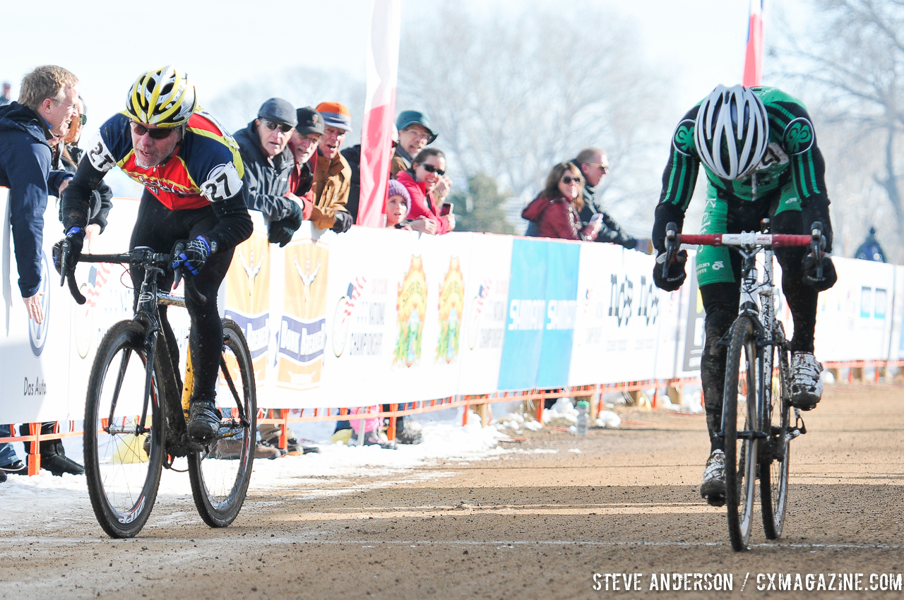 Perryman nipping a competitor in the Men\'s 60-64, 65-69, 70+ Nationals races in Boulder, Colorado. © Steve Anderson