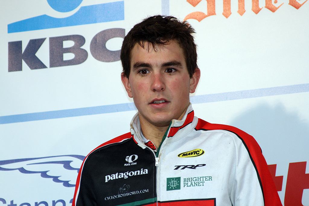 Yannick Eckman lands on the podium. GP Sven Nys 2010, Baal, GVA Trofee cyclocross series. ? Bart Hazen