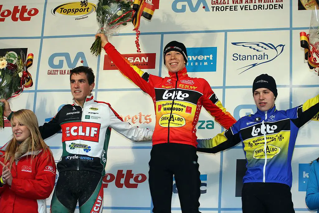 The men\'s podium. GP Sven Nys 2010, Baal, GVA Trofee cyclocross series. ? Bart Hazen