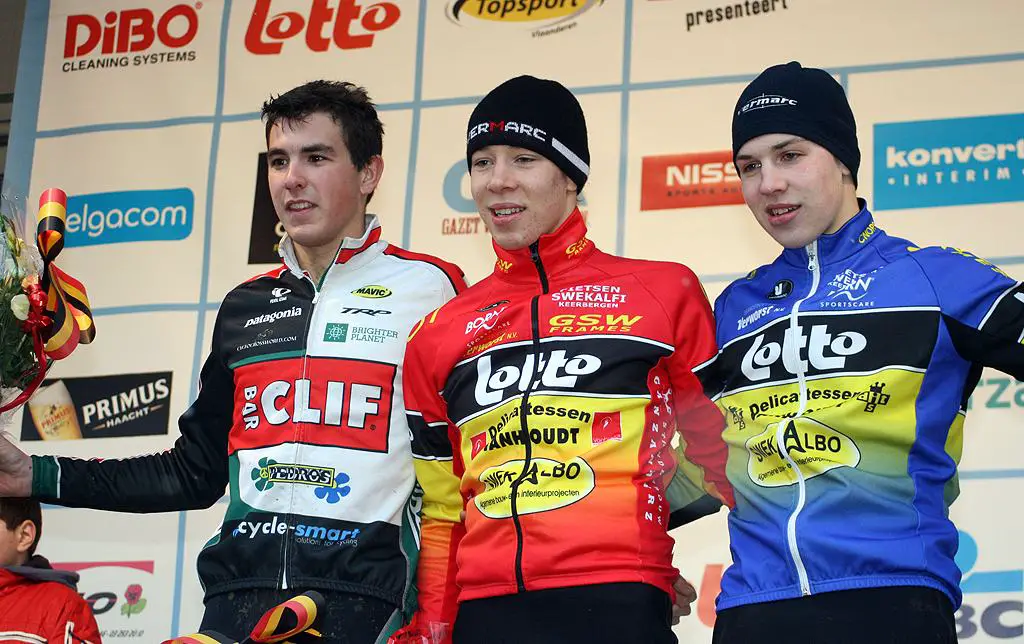 The junior men\'s podium. GP Sven Nys 2010, Baal, GVA Trofee cyclocross series. ? Bart Hazen