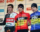 The junior men's podium. GP Sven Nys 2010, Baal, GVA Trofee cyclocross series. ? Bart Hazen