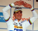 Stybar donned a clean jersey for the podium ceremony. © Bart Hazen