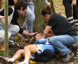 Gabby Day was on the ground for a few minutes before being moved by stretcher. © Bart Hazen