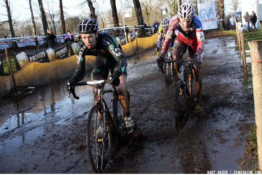 Laurens Sweeck leads winner Tijmen Eising through a tough section  © Bart Hazen