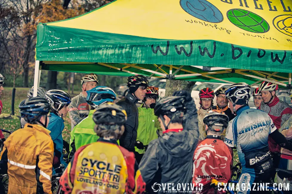 Huddling under the tent to get out of the rain at the Harbin Park Cyclocross Clinic © VeloVivid