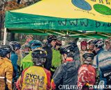 Huddling under the tent to get out of the rain at the Harbin Park Cyclocross Clinic © VeloVivid