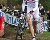 Helen Wyman climbs the stairs at the Kalmthout World Cup