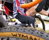 Wyman gets a leg rub before the race in Lille. Photo Courtesy Helen Wyman