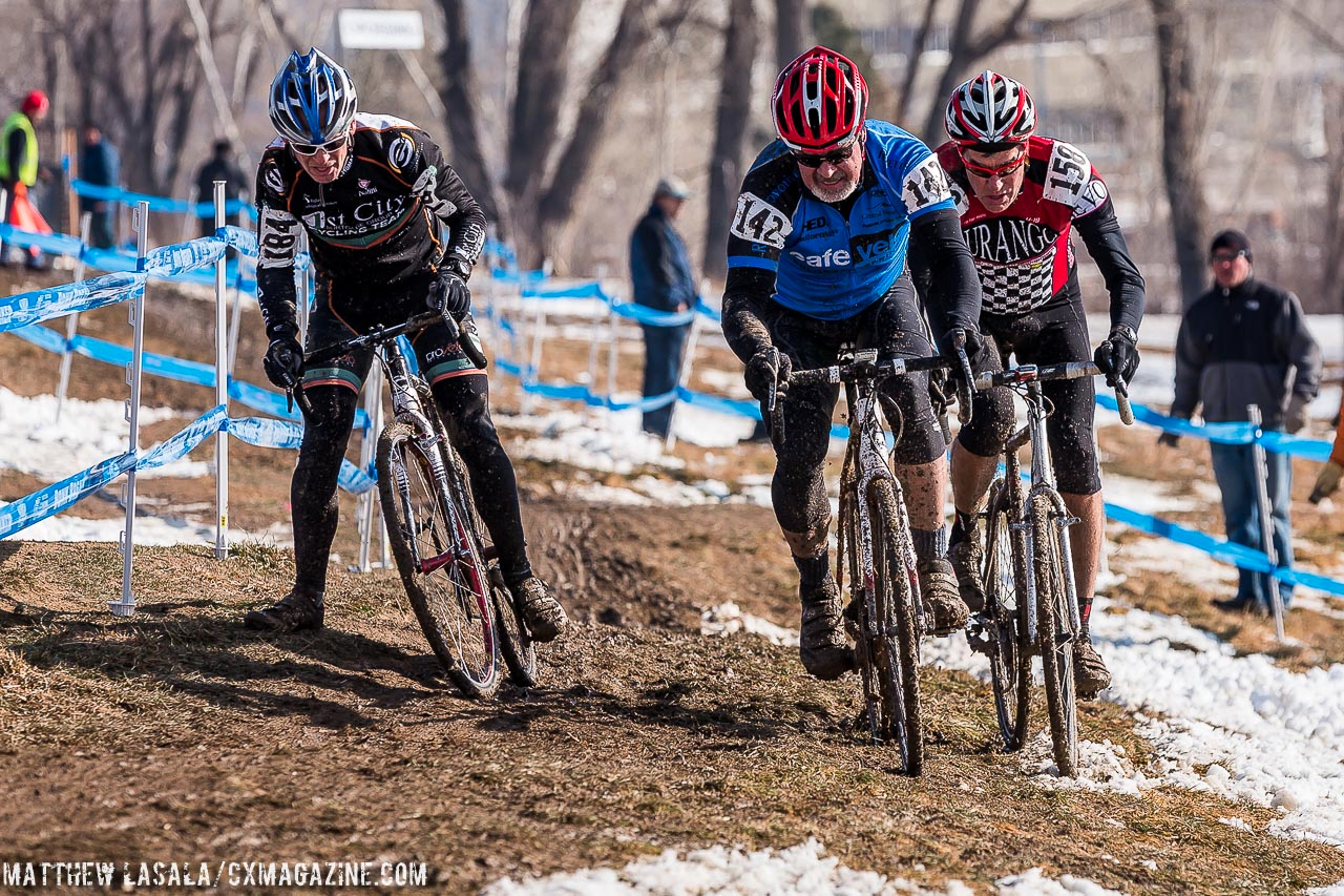 The group hits the mud in Masters 55-59 at the 2014 National Championships. © Matt Lasala