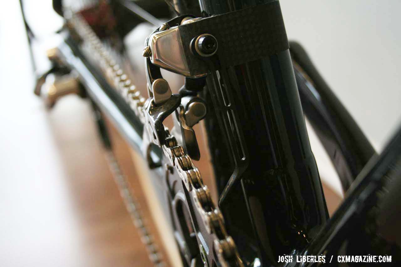 A carbon band wraps around the seat tube to secure the braze-on Campagnolo front derailleur ©Josh Liberles
