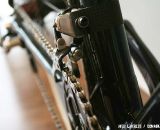 A carbon band wraps around the seat tube to secure the braze-on Campagnolo front derailleur ©Josh Liberles