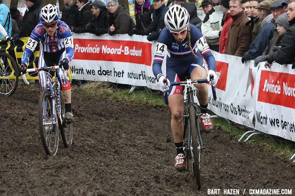 Pauline Ferrand-Prevot and Katie Compton seek a way through the mud