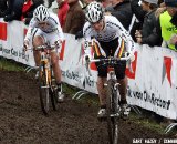 Hanka Kupfernagel and Marianne Vos seek a way through the mud