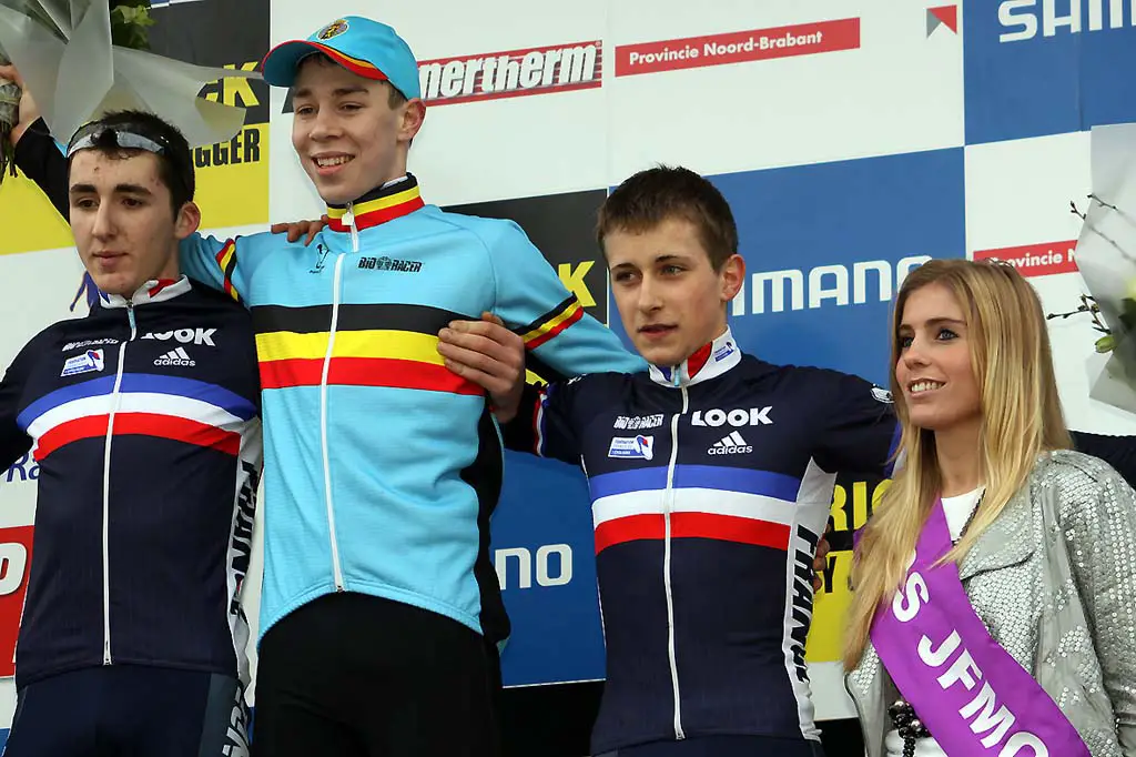 Juniors on the podium (l-r) - Fabien Doubey, Laurens Sweeck and Kevin Bouvard. © Bart Hazen