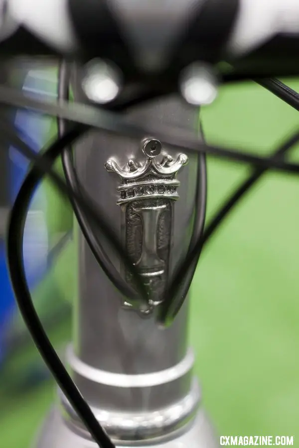 No plastic sticker here - the intricate head badge on IF\'s Titanium Factory Lightweight Cyclocross Bike. ©Cyclocross Magazine