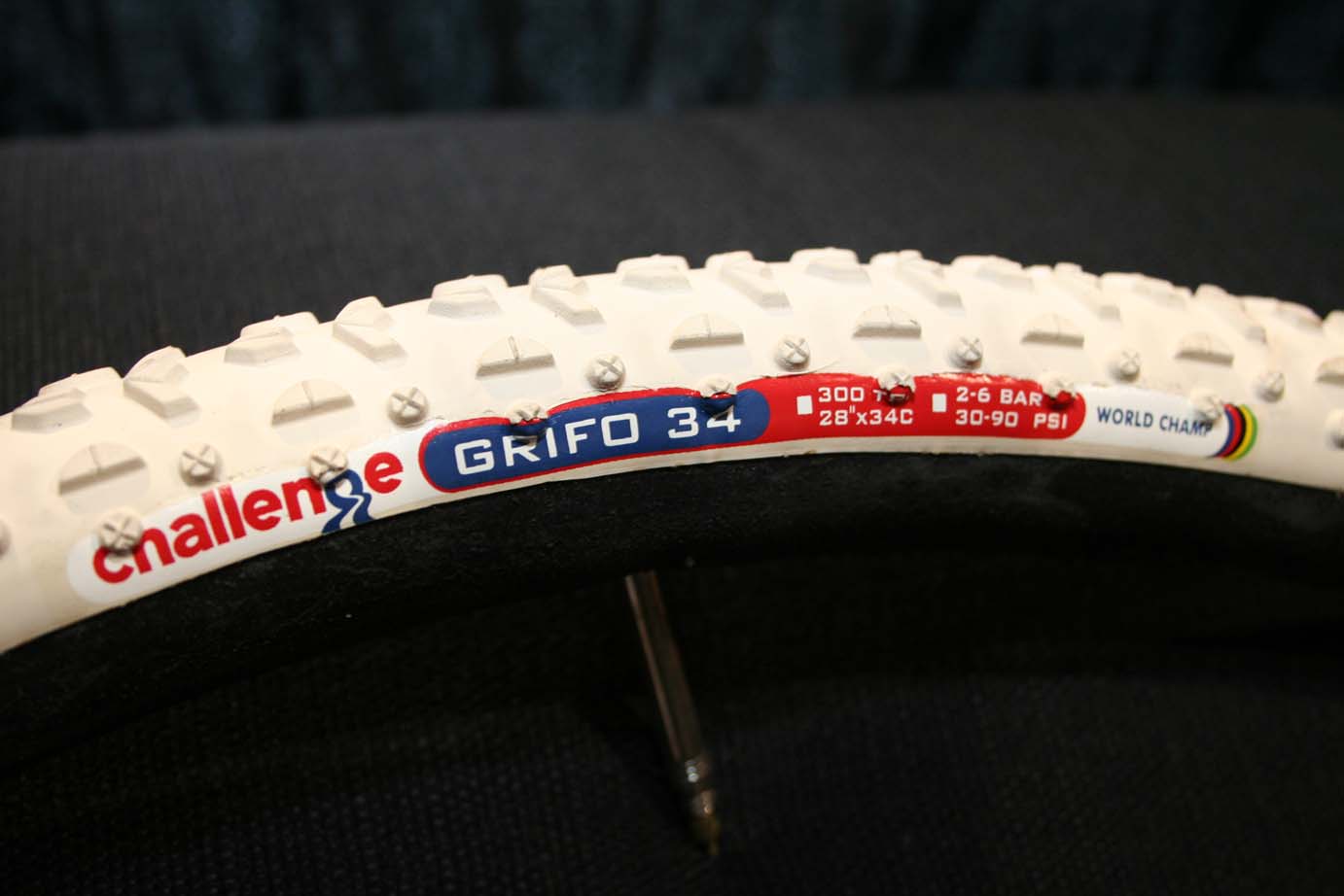 Challenge showed off its exclusive white Grifo, with a sticky compound better for nasty conditions. Revor will ride this tire.