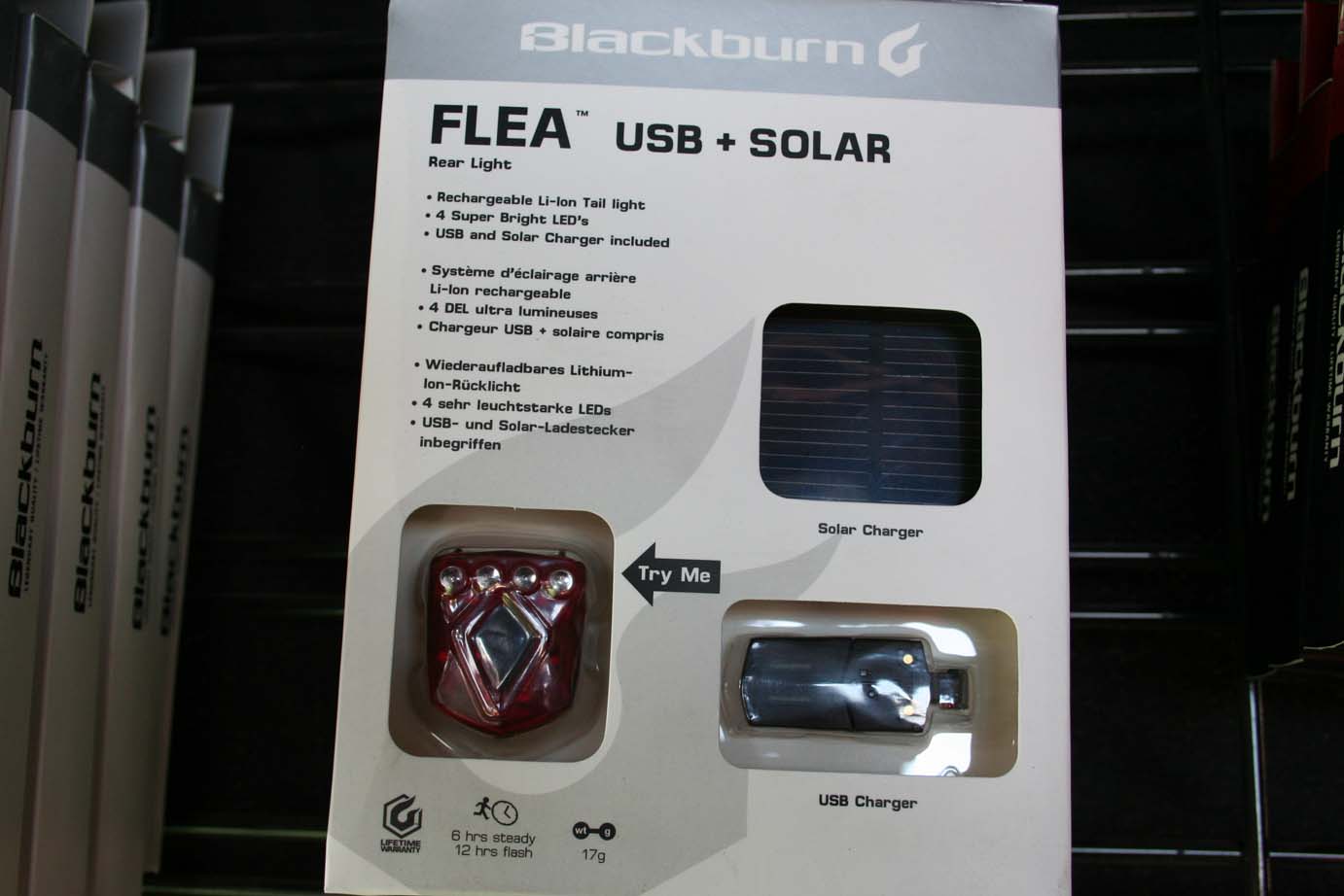 Blackburn offers a new USB and Solar-charged LED light, in front or rear formats.