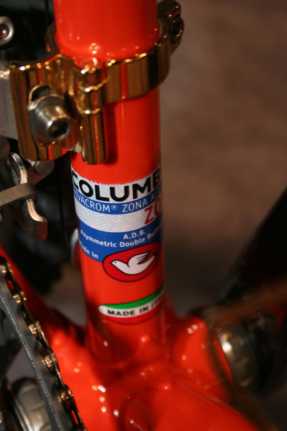 Bling Bling: Gold fittings adorned this bright orange Torelli cyclocross frame.  ?Cyclocross Magazine