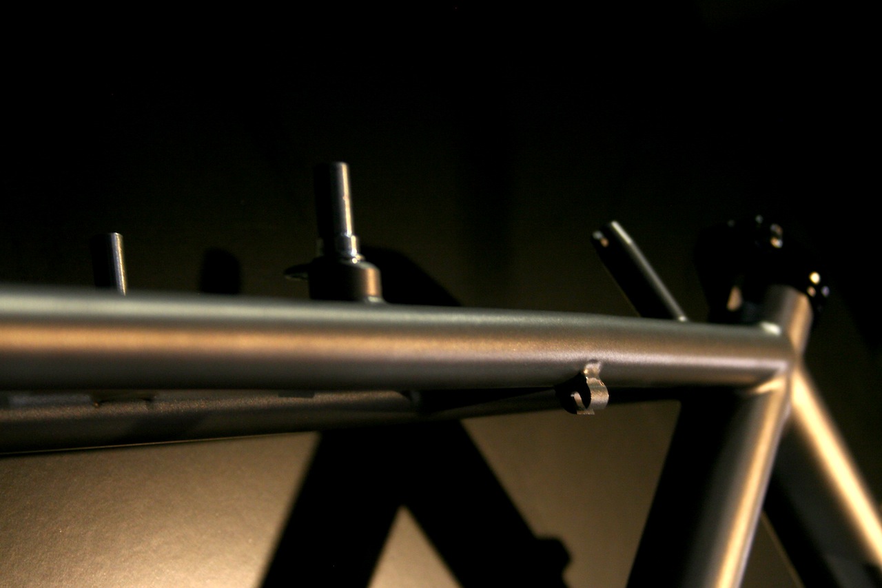 This Ti Guru bike takes an interesting approach to a brake cable stop © Josh Liberles