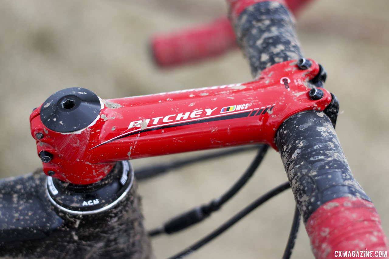 A striking wet red Ritchey C260 WCS stem - Jake Wells\' Ridley X-Fire Disc cyclocross bike. © Cyclocross Magazine