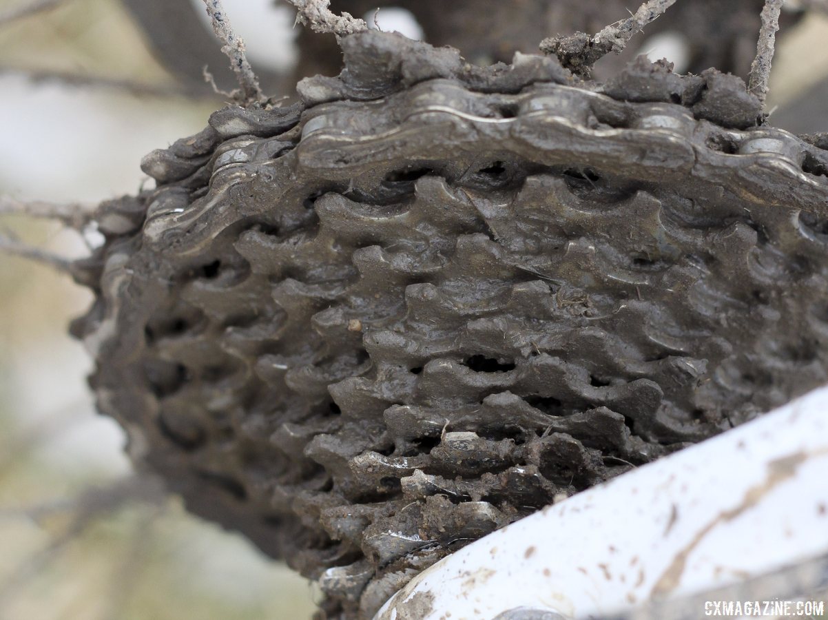 The mud got everywhere but didn\'t cause a problem today in the Masters 35-39 race. Jake Wells\' Ridley X-Fire Disc cyclocross bike. © Cyclocross Magazine