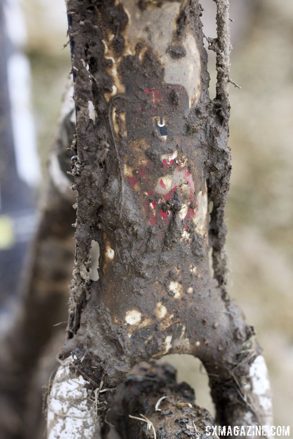Plenty of mud from the Masters 35-39 race - Jake Wells\' Ridley X-Fire Disc cyclocross bike. © Cyclocross Magazine