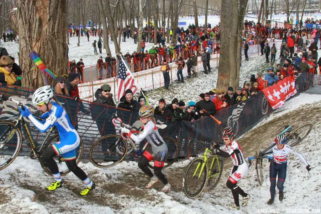 The women head up the hill at the Elite World Championships of Cyclocross. © Janet Hill