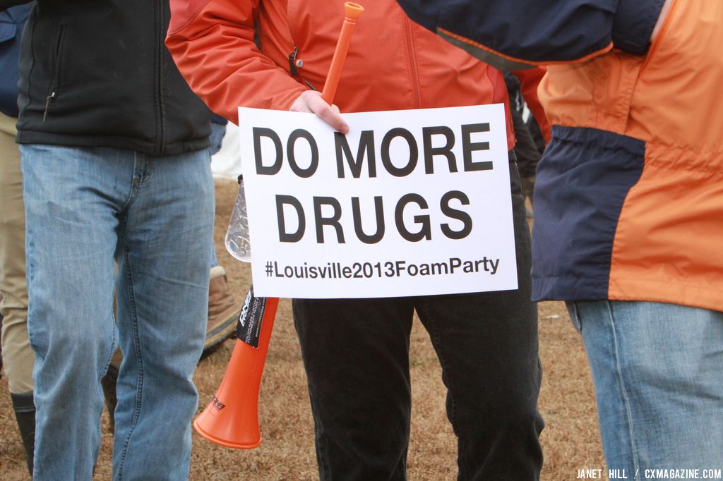 Sarcastic slogans at the Elite World Championships of Cyclocross. © Janet Hill