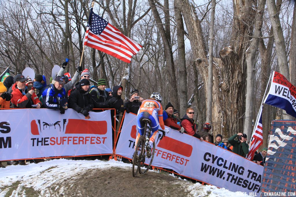 Flying the American flag at the Elite World Championships of Cyclocross. © Janet Hill