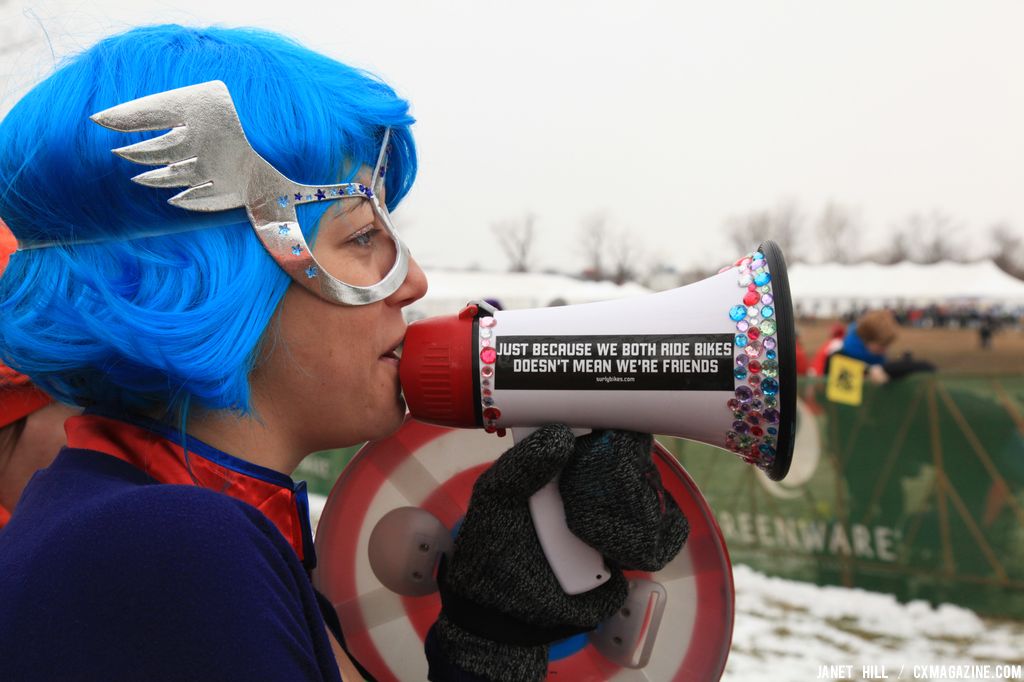 Megan is the American superfan at the Elite World Championships of Cyclocross. © Janet Hill