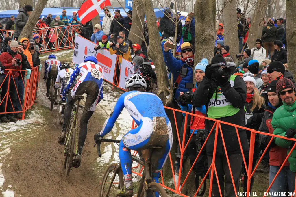 Trebon makes the other racers look tiny at the Elite World Championships of Cyclocross. © Janet Hill