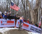 Flying the American flag at the Elite World Championships of Cyclocross. © Janet Hill