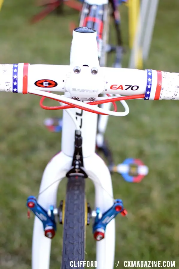 Easton EA70 aluminum cockpit and canti brakes in the National Champ colors ©Clifford Lee/ Cyclocross Magazine