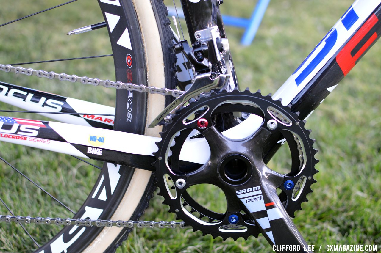 No Yaw yet: A 2011 SRAM Red compact crank still handles front shifting.  ©Clifford Lee/ Cyclocross Magazine