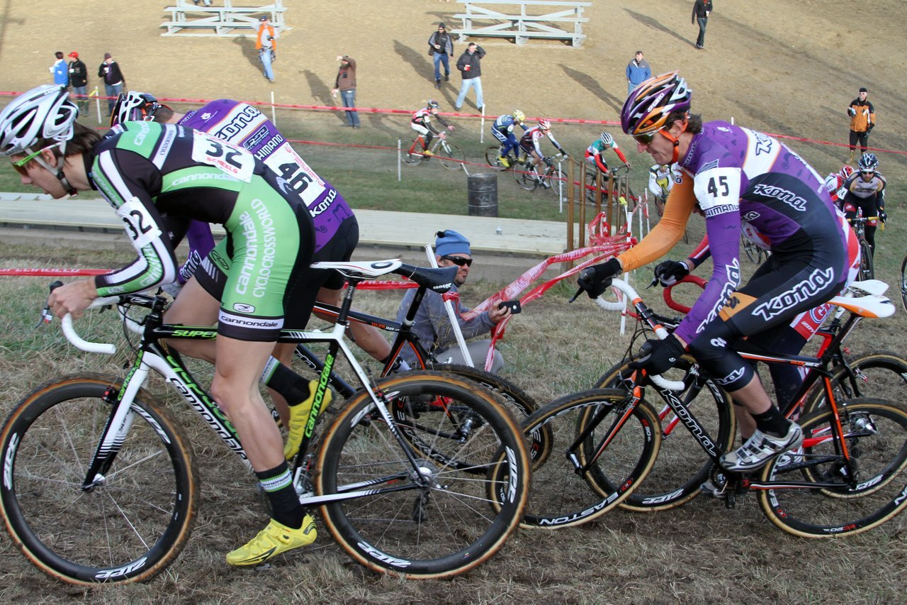 Driscoll, Trebon, Wicks and a Cal Giant rider battling for position coming around the corner off the first short steep climb on Lap 1. Jingle Cross 2010 Day 3. © Amy Dykema