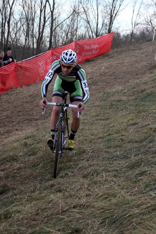 Jamey Driscoll already has a good lead in Lap 2 as he approaches a difficult turn on the Mt. Krumpet descent. Jingle Cross 2010 Day 3. © Amy Dykema