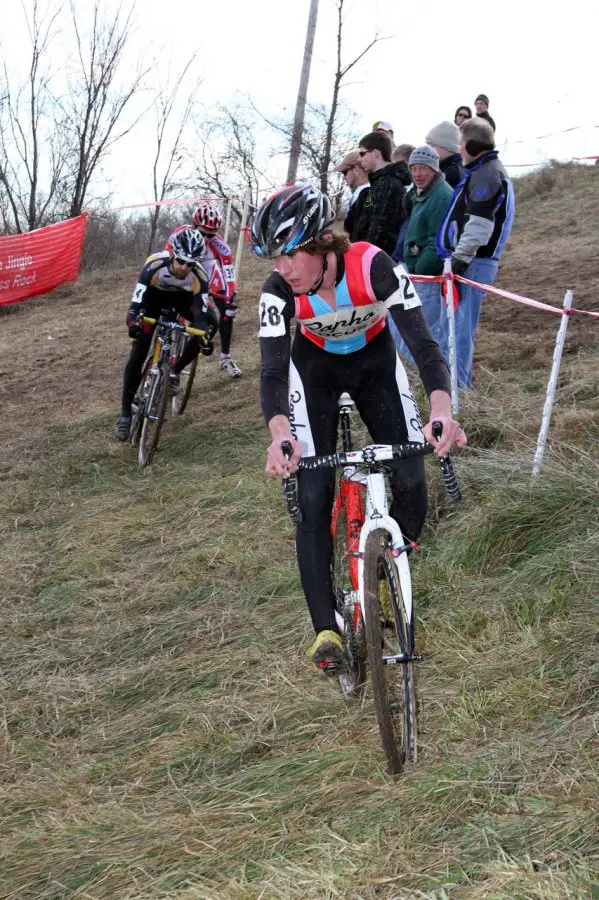 Matter is watching McDonald go through the turn.  Jingle Cross 2010 Day 3. © Amy Dykema