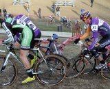 Driscoll, Trebon, Wicks and a Cal Giant rider battling for position coming around the corner off the first short steep climb on Lap 1. Jingle Cross 2010 Day 3. © Amy Dykema