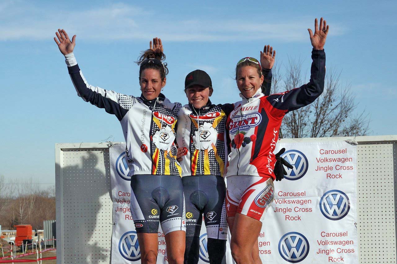 The women\'s podium: Miller, Miller and Duke. Jingle Cross 2010 Day 3. © Michael McColgan