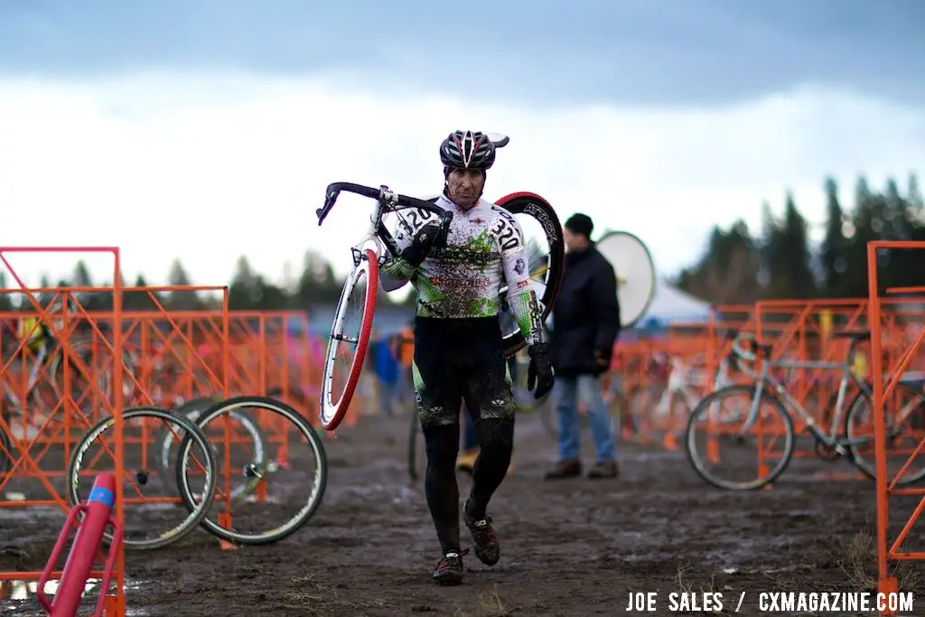 The pits weren't very busy despite the conditions, but this one rider was done for the day.  © Joe Sales