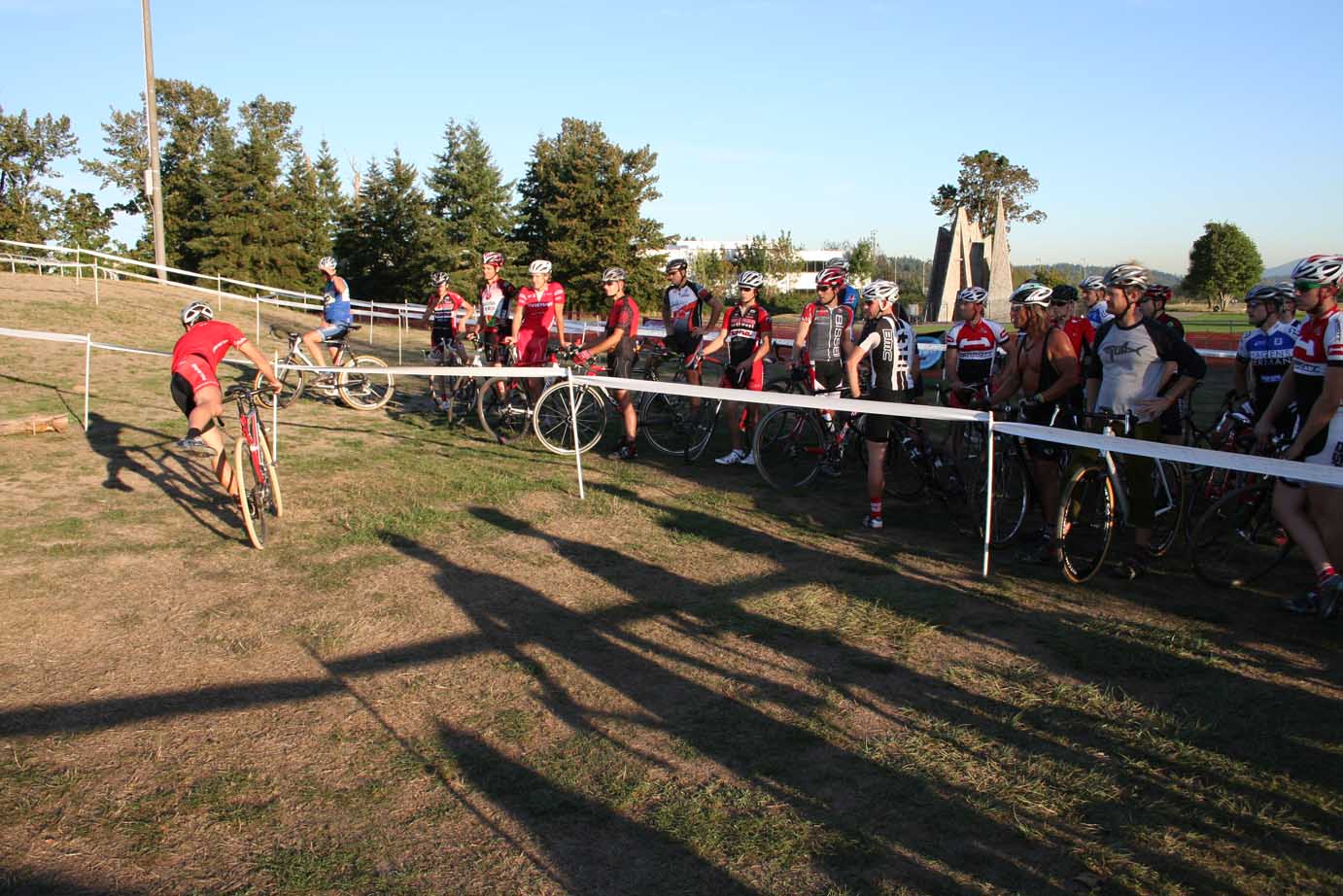 Jonathan Page shows the crowd an uphill corner dismount