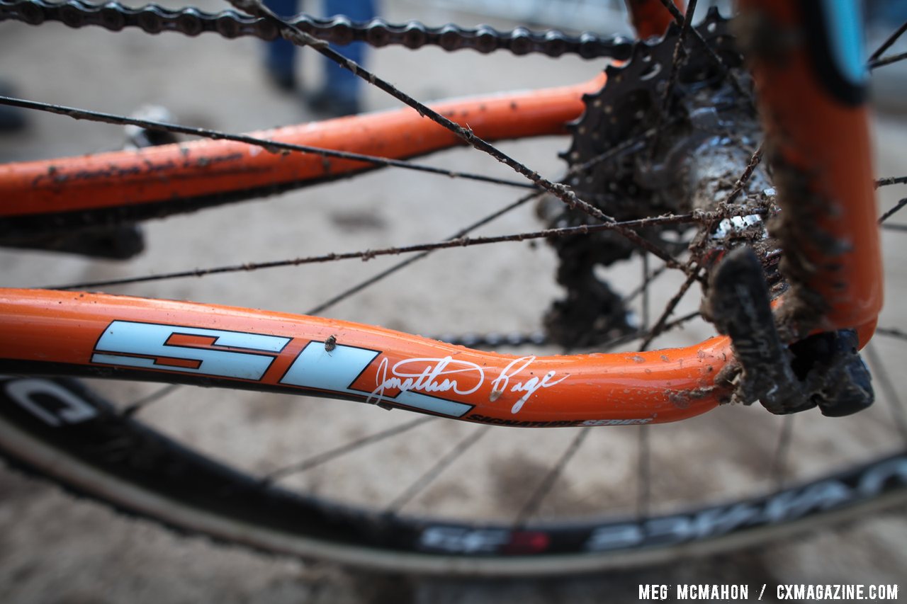 Jonathan Page\'s signature and the SL give away the model and brand of his winning bike. © Meg McMahon